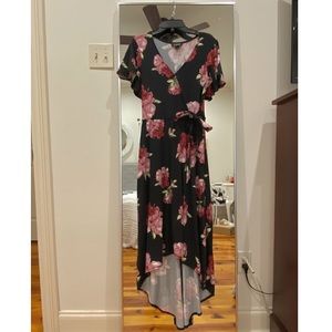 Black floral high-low wrap dress